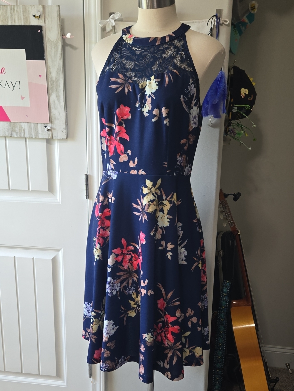 Floral Halter Fit & Flare Dress in Navy